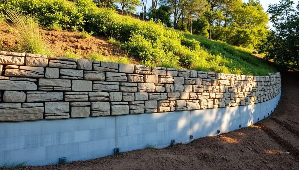 Retaining wall construction for slope stabilization Retaining wall construction for slope stabilization