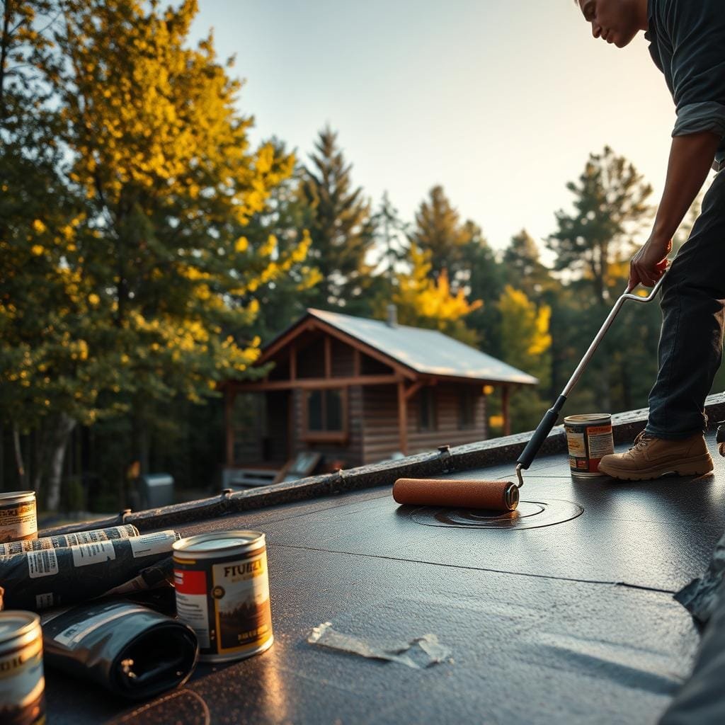 A DIY cabin roof being waterproofed. In the foreground, a person carefully applying a thick, weatherproof sealant onto the roof's surface using a roller. The middle ground showcases various waterproofing materials such as asphalt-based membranes, tar paper, and sealant cans. In the background, the rustic cabin with its sloped roof is visible, set against a backdrop of lush, verdant trees. Warm, natural lighting casts a soft glow over the scene, emphasizing the hands-on, DIY nature of the task. The overall atmosphere conveys a sense of rugged self-reliance and practical problem-solving.