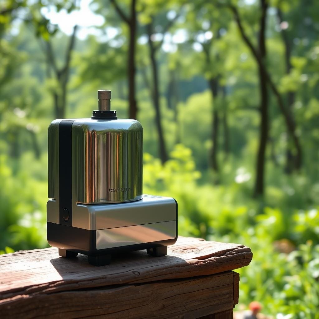 A battery-powered water pump resting on a weathered wooden surface, its sleek metal casing gleaming in the soft, natural lighting. The pump's design is both functional and aesthetically pleasing, with clean lines and a compact silhouette. In the background, a lush, green forest landscape provides a serene, off-grid setting, with dappled sunlight filtering through the canopy. The overall scene conveys a sense of self-sufficiency and connection to the natural world, perfectly capturing the benefits of a battery-powered water pump for an off-grid cabin.
