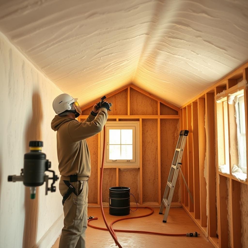 A bright, well-lit interior scene of a DIY spray foam insulation installation process. In the foreground, a worker in protective gear expertly applying spray foam to the walls and ceiling, creating a seamless, insulating barrier. The middle ground shows the spray foam nozzle and hose system, the worker's tools, and a ladder. In the background, the unfinished cabin structure with exposed framing, ready to be insulated. Warm, golden lighting illuminates the scene, emphasizing the technical details and the care taken during the installation. The overall atmosphere conveys a sense of focus, precision, and the satisfaction of a job well done.