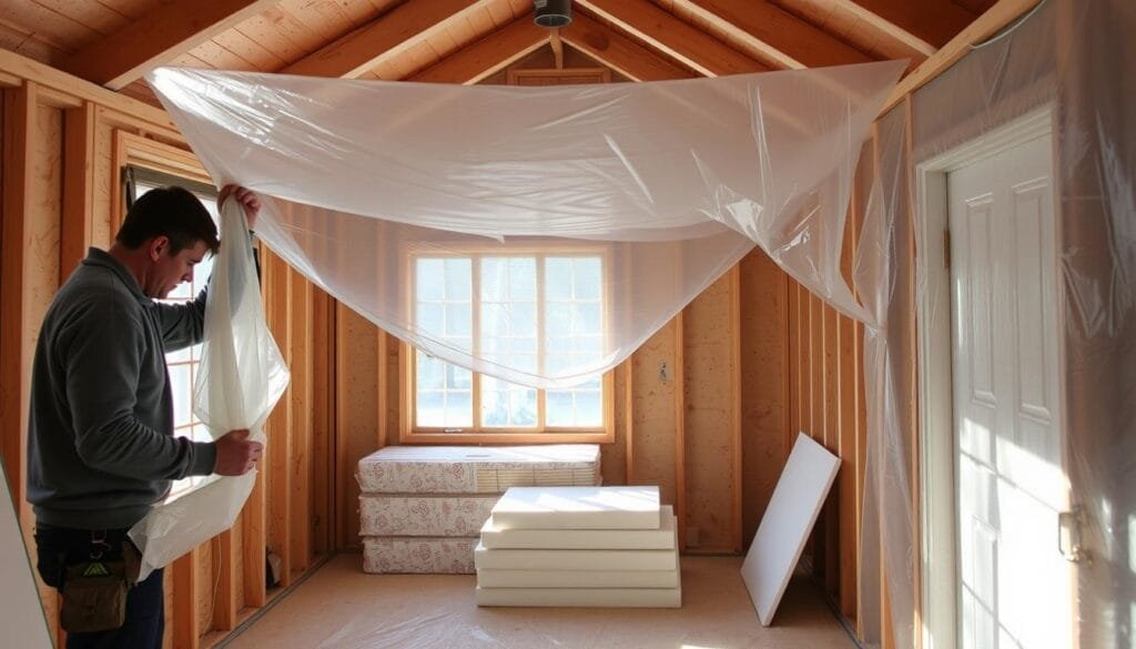 A cabin interior, well-lit from a large window, showcasing the installation process of a vapor barrier. In the foreground, a worker carefully unrolls and secures a sheet of durable polyethylene, meticulously sealing seams and edges to create an airtight seal. In the middle ground, various insulation materials, including fiberglass batting and rigid foam panels, are neatly arranged, ready for placement. The background reveals the cabin's wooden frame structure, providing context and emphasizing the importance of this critical moisture control step. The scene conveys a sense of precision, attention to detail, and a commitment to creating a comfortable, energy-efficient living space.