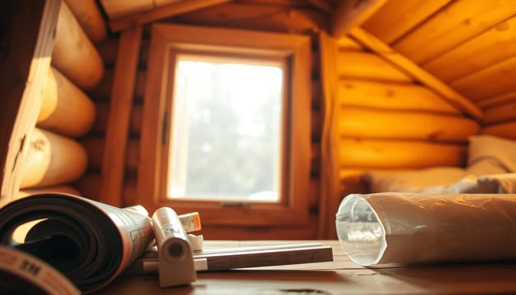 A cabin interior with a focus on a single-pane window, bathed in warm, natural lighting. In the foreground, various insulation materials are displayed, including weatherstripping, caulk, and insulating film. The middle ground showcases a step-by-step demonstration of how to properly apply these insulation methods to the window frame, with attention to creating a tight seal. The background gently fades into a cozy, rustic cabin atmosphere, hinting at the overall setting. The composition emphasizes the practicality and effectiveness of these insulation techniques, conveying a sense of warmth, efficiency, and attention to detail.