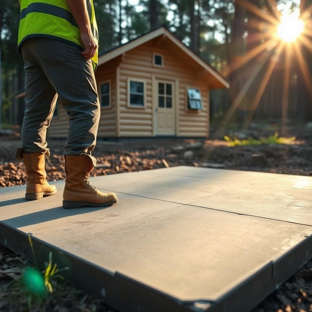A cabin's well-maintained foundation, carefully inspected by a diligent contractor. The sunlight casts a warm glow, illuminating the sturdy concrete pad and the surrounding natural landscape. The contractor, dressed in work boots and a safety vest, meticulously examines the foundation, ensuring its integrity and longevity. In the background, the cabin stands proud, its simple design blending seamlessly with the tranquil forest setting. The scene conveys a sense of reliability and low-maintenance, reflecting the resilience of a slab foundation for a cozy cabin retreat.