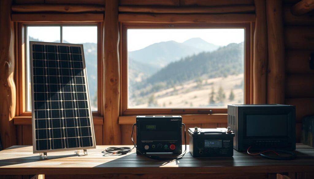A clean, well-lit cabin interior with a large window overlooking a serene mountain landscape. In the foreground, a neatly arranged display of solar system components, including a solar panel, charge controller, battery bank, and inverter. The components are positioned on a wooden table, casting soft shadows. The lighting is natural, with warm, diffused sunlight streaming through the window. The scene conveys a sense of off-grid self-sufficiency and harmony with the natural environment.