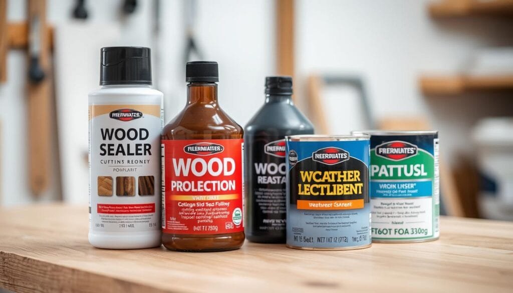 A close-up photograph of various wood protection treatments, including wood sealer, varnish, and weather-resistant paint, arranged neatly on a clean, well-lit workbench. The treatments are displayed with their bottles or cans, showcasing their different textures and colors. The lighting is soft and diffused, highlighting the materials' details and creating a sense of depth and dimensionality. The background is slightly blurred, keeping the focus on the featured products. The overall composition is balanced and visually appealing, conveying the importance and effectiveness of these protective treatments for preserving and extending the life of wooden surfaces.