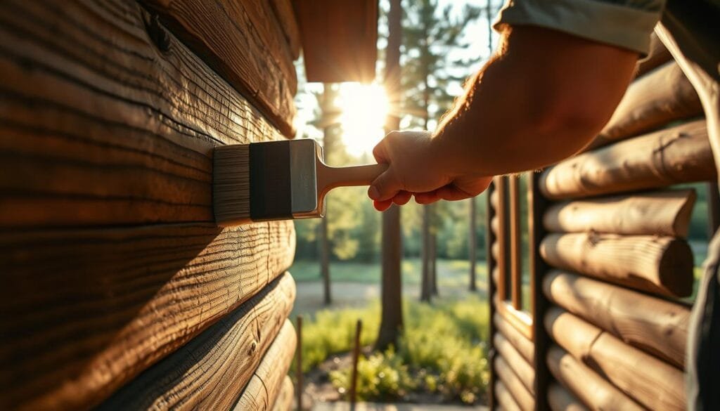 A close-up view of a carpenter's hands carefully applying a premium Penofin wood finish to the exterior of a rustic cabin nestled in a pine forest. The sun is gently filtering through the trees, casting a warm, golden glow on the weathered wood. The finish is being applied in long, even strokes, highlighting the natural grain and texture of the timber. In the background, a lush, green landscape frames the cabin, creating a serene and peaceful atmosphere. The camera angle emphasizes the artful technique and attention to detail required for properly sealing and protecting exterior cabin wood.