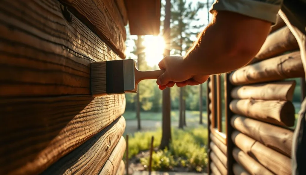 A close-up view of a carpenter's hands carefully applying a premium Penofin wood finish to the exterior of a rustic cabin nestled in a pine forest. The sun is gently filtering through the trees, casting a warm, golden glow on the weathered wood. The finish is being applied in long, even strokes, highlighting the natural grain and texture of the timber. In the background, a lush, green landscape frames the cabin, creating a serene and peaceful atmosphere. The camera angle emphasizes the artful technique and attention to detail required for properly sealing and protecting exterior cabin wood. A close-up view of a carpenter's hands carefully applying a premium Penofin wood finish to the exterior of a rustic cabin nestled in a pine forest. The sun is gently filtering through the trees, casting a warm, golden glow on the weathered wood. The finish is being applied in long, even strokes, highlighting the natural grain and texture of the timber. In the background, a lush, green landscape frames the cabin, creating a serene and peaceful atmosphere. The camera angle emphasizes the artful technique and attention to detail required for properly sealing and protecting exterior cabin wood.