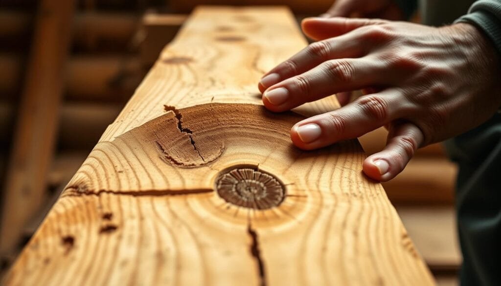 A close-up view of a carpenter's hands closely examining the grain and knots of a freshly sanded log cabin timber. The lighting is soft and warm, highlighting the natural textures and colors of the wood. The background is blurred, placing the focus entirely on the careful evaluation of the material quality. The angle is slightly elevated, creating a sense of intimacy and attention to detail. The overall mood is one of thoughtful assessment, with the viewer invited to consider the importance of material selection in the construction of a rustic and durable cabin.