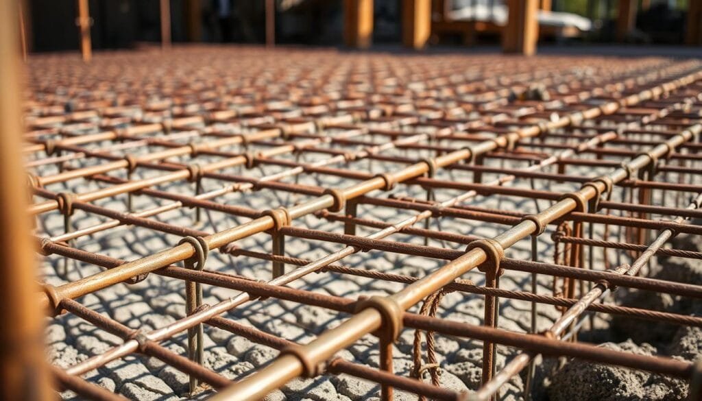 A close-up view of a construction site, focused on a complex array of rebar and wire mesh reinforcement. The foreground features a detailed grid of thick, rustred metal rods woven together, creating a sturdy foundation. In the middle ground, the reinforcement seamlessly integrates with the poured concrete, forming a strong, interconnected structure. The background is slightly blurred, emphasizing the intricate details of the reinforcement system. The lighting is natural, casting subtle shadows that highlight the texture and geometry of the metalwork. The overall mood is one of solidity, precision, and technical engineering, perfectly suited to illustrate the "Integrating Reinforcement" section of the "How to Pour a Concrete Foundation for a Cabin" article.