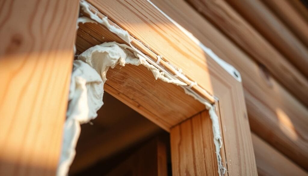 A close-up view of a door frame, showing the process of sealing the exterior with insulation material. The frame is made of sturdy wood, and the insulation appears as a soft, flexible foam or caulk, being carefully applied to the gaps and crevices around the frame. The lighting is warm and natural, creating a sense of precision and care in the home improvement task. The angle is slightly elevated, giving a clear view of the insulation application technique. The overall mood is one of attention to detail and a desire to improve the energy efficiency and comfort of the living space.