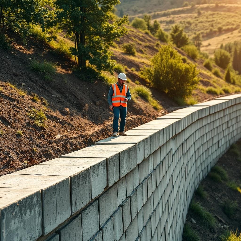 A close-up view of a hillside retaining wall, with a construction worker inspecting it from the middle ground. The wall is made of sturdy concrete blocks, its surface weathered by time and elements. The worker is dressed in a high-visibility vest, hard hat, and safety boots, carefully examining the wall's structural integrity. The background features a lush, sloping landscape, with trees and vegetation providing a natural backdrop. Warm, directional lighting casts shadows across the scene, emphasizing the textural details of the wall. The overall atmosphere conveys a sense of diligence and responsibility in maintaining the long-term stability of the retaining structure.