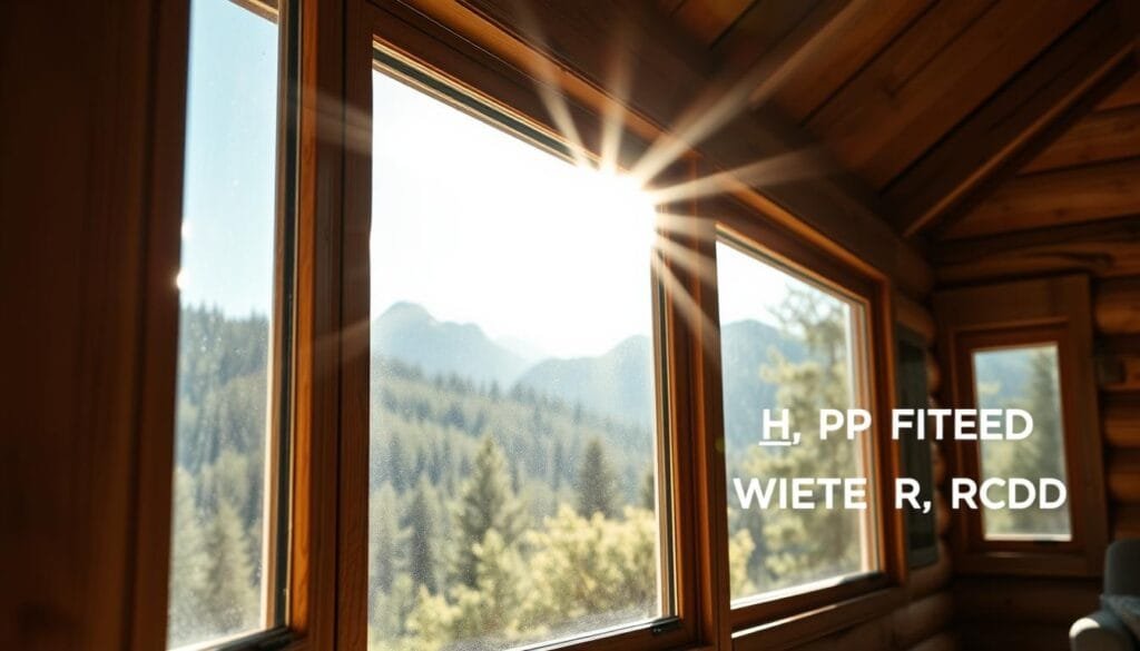 A close-up view of impact-resistant cabin windows, showcasing their weatherproofing capabilities. The windows feature reinforced glass panes with a subtle tint, framed by sturdy wooden trims. Sunlight streams in through the windows, illuminating the interior with a warm, cozy glow. The windows are installed in a rustic cabin setting, surrounded by lush greenery and a picturesque mountain landscape in the background, conveying a sense of rugged durability and natural harmony. The scene is captured with a high-resolution lens, emphasizing the intricate details and textures of the materials used in the window construction.