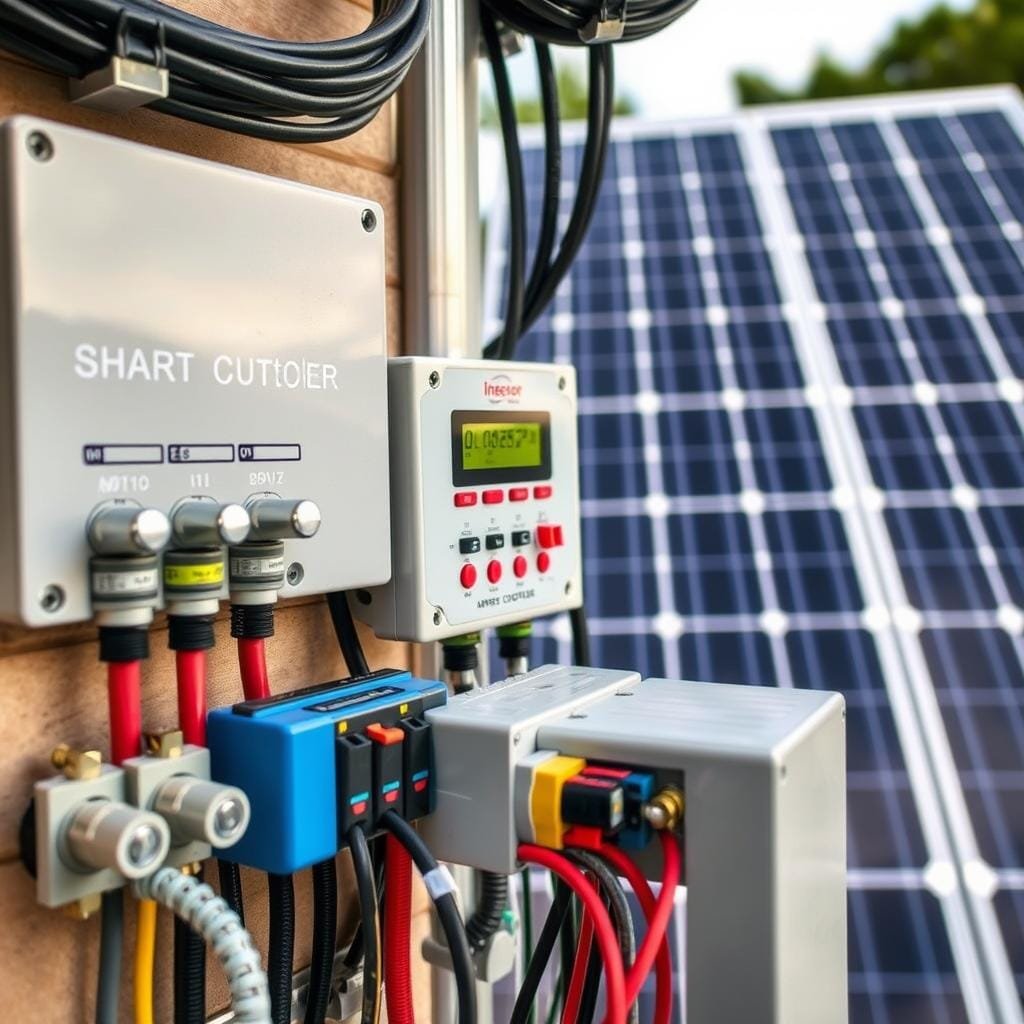 A close-up view of secure solar component connections, showcasing a well-engineered off-grid electrical system. In the foreground, various junction boxes, cables, and terminals are neatly organized, with a focus on robust, weatherproof seals and reliable grounding. The mid-ground features a solar charge controller and inverter, their displays and indicators illuminated by soft, diffused lighting. In the background, a glimpse of a solar panel array, its panels seamlessly integrated with the overall system. The scene conveys a sense of professionalism, attention to detail, and a commitment to safe, reliable off-grid power.