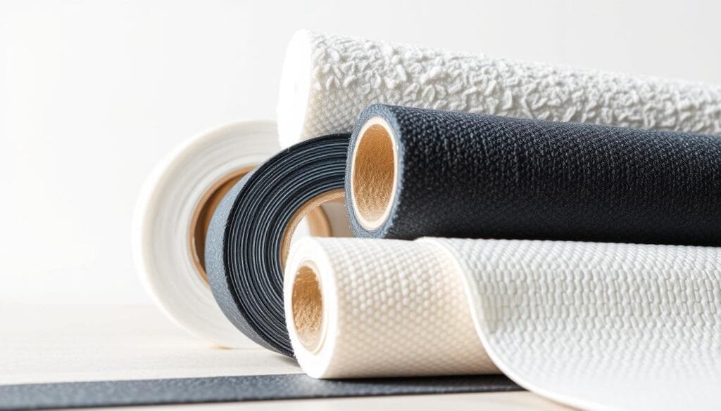 A close-up view of various foam tape insulation materials used for sealing and insulating windows, showcasing their different textures, thicknesses, and adhesive properties. The materials are displayed against a plain, neutral background, allowing their details to be the focal point. Soft, diffused lighting illuminates the scene, highlighting the subtle variations in color and density of the foam tapes. The arrangement is organized and visually appealing, presenting the insulation options in a clear and informative manner suitable for an article on cabin window insulation.