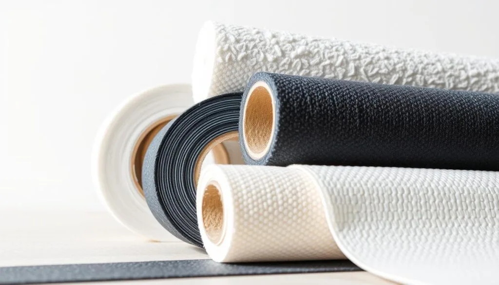 A close-up view of various foam tape insulation materials used for sealing and insulating windows, showcasing their different textures, thicknesses, and adhesive properties. The materials are displayed against a plain, neutral background, allowing their details to be the focal point. Soft, diffused lighting illuminates the scene, highlighting the subtle variations in color and density of the foam tapes. The arrangement is organized and visually appealing, presenting the insulation options in a clear and informative manner suitable for an article on cabin window insulation.