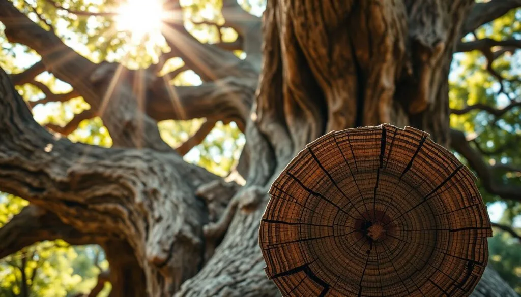 A colossal oak tree, its gnarled trunk and thick branches exuding an aura of immense strength and resilience. Sunlight filters through the leaves, casting a warm, golden glow that highlights the intricate grain patterns and the sheer solidity of the wood. In the foreground, a close-up view showcases the intricate network of fibers and the dense, compact structure that gives this timber its remarkable durability and structural integrity. The background blurs softly, allowing the viewer to focus on the wood's intrinsic qualities, its ability to withstand the elements and the passage of time. This image captures the essence of the most durable woods, their timeless resilience and their suitability for cabin construction.