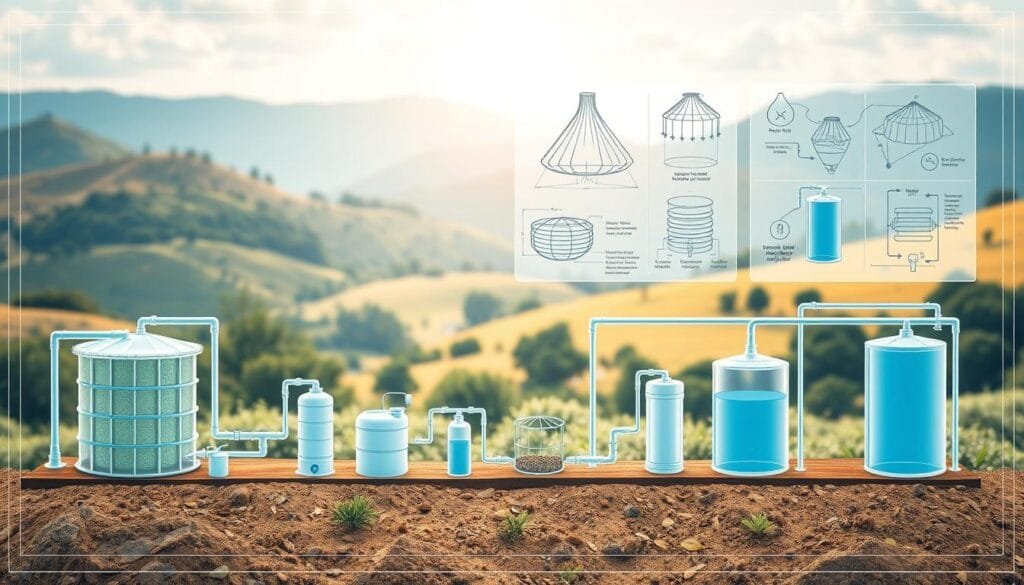 A comprehensive off-grid water system design, illustrated with precision and clarity. In the foreground, a detailed schematic showcases the interconnected components - a well, rainwater collection tanks, and a spring-fed reservoir. The middle ground features technical diagrams highlighting the filtration, storage, and distribution systems. In the background, a serene landscape with rolling hills and lush vegetation, conveying the self-sufficient, eco-friendly nature of the off-grid setup. Soft, natural lighting illuminates the scene, emphasizing the harmony between the engineered solution and the surrounding environment. The image is rendered with a technical, blueprint-like aesthetic, allowing for easy comprehension of the system's intricate workings.