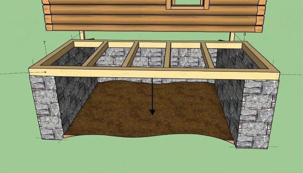 A comprehensive visual comparison of the pros and cons of crawl space foundations for cabins. In the foreground, a detailed cross-section of a cabin's crawl space foundation, showcasing its structural elements and key features. In the middle ground, icons or illustrations highlighting the primary advantages and disadvantages, such as moisture control, accessibility, insulation, and cost. The background depicts a picturesque cabin nestled in a forested landscape, conveying the rustic charm and outdoor setting where these foundations are commonly used. The scene is illuminated by soft, natural lighting, creating a warm and inviting atmosphere. Render the image with a realistic, high-fidelity style using a wide-angle lens to capture the full depth and scale of the subject matter.