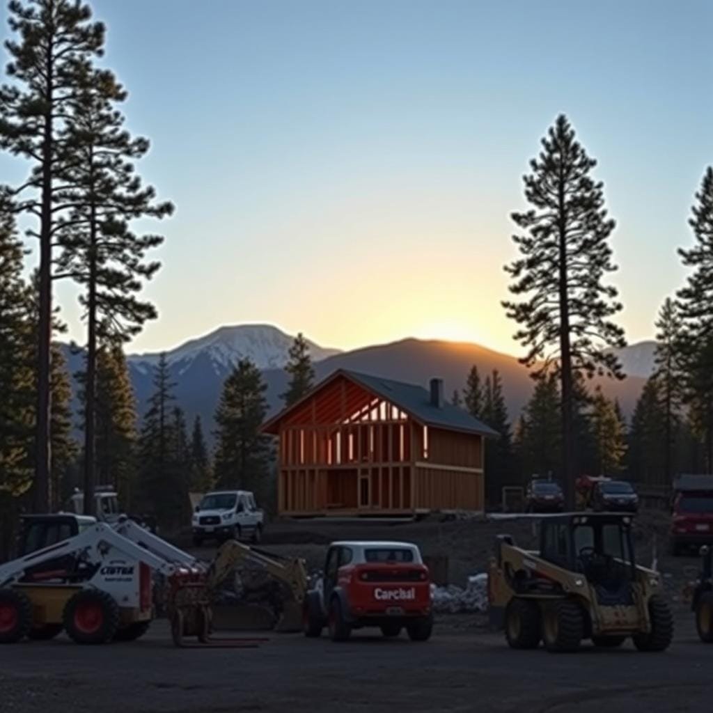 A construction site at dawn, the first rays of sunlight filtering through tall pine trees. In the foreground, a fleet of heavy machinery - excavators, skid steers, and forklifts - arranged in an orderly fashion, ready for the day's work. The middle ground features a partially constructed cabin, its frame and foundation visible, hinting at the progress to come. In the background, mountains rise majestically, their snow-capped peaks casting long shadows. The scene conveys a sense of efficiency, with the machinery and construction elements strategically positioned to maximize productivity and minimize downtime. The lighting is soft and warm, creating an atmosphere of thoughtful planning and cost-effective execution.
