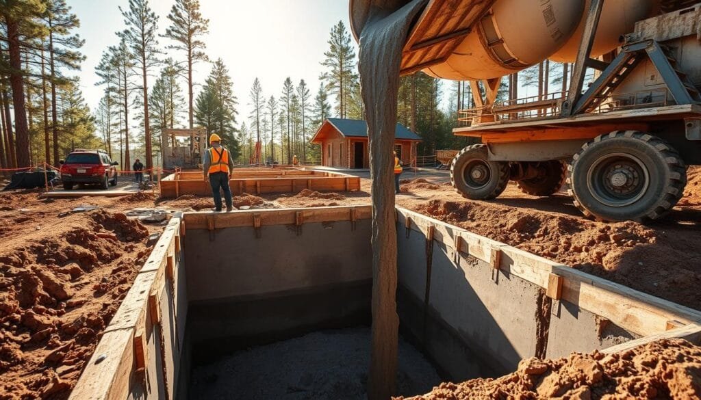A construction site on a sunny day, a large concrete mixer pouring a thick, viscous stream of gray concrete into a deep, rectangular pier foundation. The scene is bathed in warm, golden light, casting long shadows across the freshly dug hole. Rough wooden forms line the edges, stabilizing the structure as it takes shape. Construction workers, clad in hard hats and safety vests, carefully monitor the flow, ensuring an even, seamless fill. The air is thick with the scent of freshly cured cement, the rhythmic whir of the mixer's spinning blades providing a soothing industrial soundtrack. In the background, a small cabin nestled among the trees awaits its sturdy foundation, soon to be securely embedded in the solidifying concrete.
