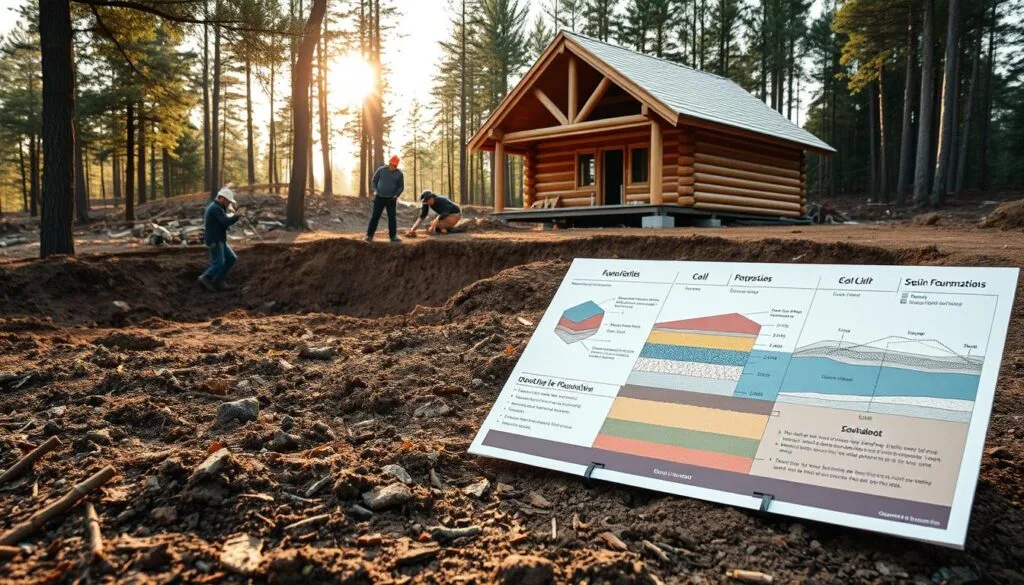 A construction site with a focus on the foundations of a rustic log cabin. In the foreground, detailed diagrams and schematics outline the various soil types, their properties, and their suitability for cabin foundations. Midground depicts workers excavating the site, carefully examining the soil and preparing the ground. The background showcases the cabin's architectural design, with a warm, cozy aesthetic. Soft, natural lighting filters through the surrounding trees, creating a contemplative, educational atmosphere. The overall scene conveys the importance of thorough soil analysis and cost-effective foundation planning for sustainable cabin construction. A construction site with a focus on the foundations of a rustic log cabin. In the foreground, detailed diagrams and schematics outline the various soil types, their properties, and their suitability for cabin foundations. Midground depicts workers excavating the site, carefully examining the soil and preparing the ground. The background showcases the cabin's architectural design, with a warm, cozy aesthetic. Soft, natural lighting filters through the surrounding trees, creating a contemplative, educational atmosphere. The overall scene conveys the importance of thorough soil analysis and cost-effective foundation planning for sustainable cabin construction.