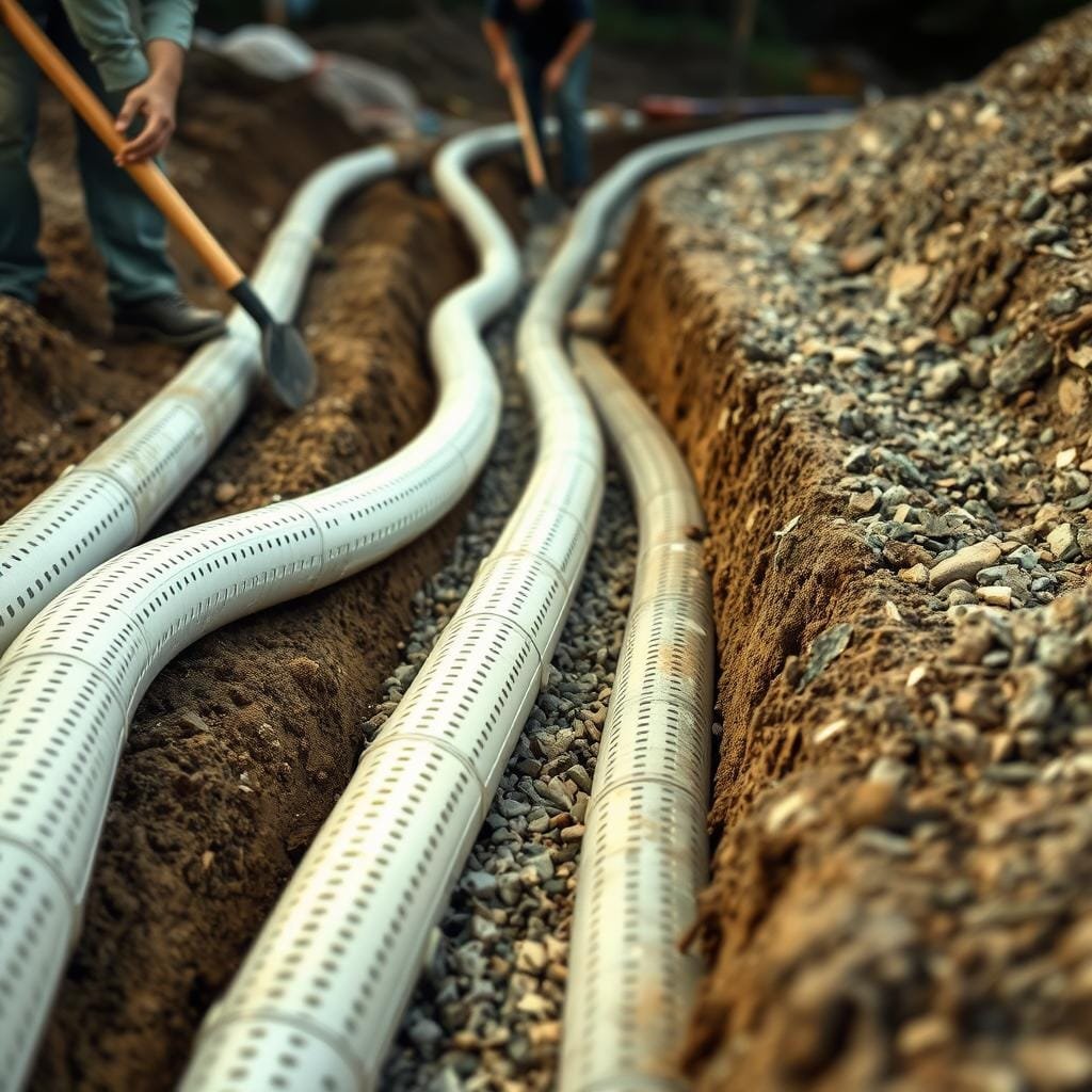 A construction site with workers carefully installing perforated drain pipes into a trench. The pipes are made of high-quality PVC material, with numerous small holes along their lengths. The workers are using shovels and other tools to carefully position the pipes, ensuring proper slope and alignment. The trench is lined with gravel, creating a stable foundation for the drainage system. Soft, diffused lighting illuminates the scene, creating a sense of focus and attention to detail. The overall mood is one of diligence and precision, as the workers skillfully lay the groundwork for an effective septic system installation.