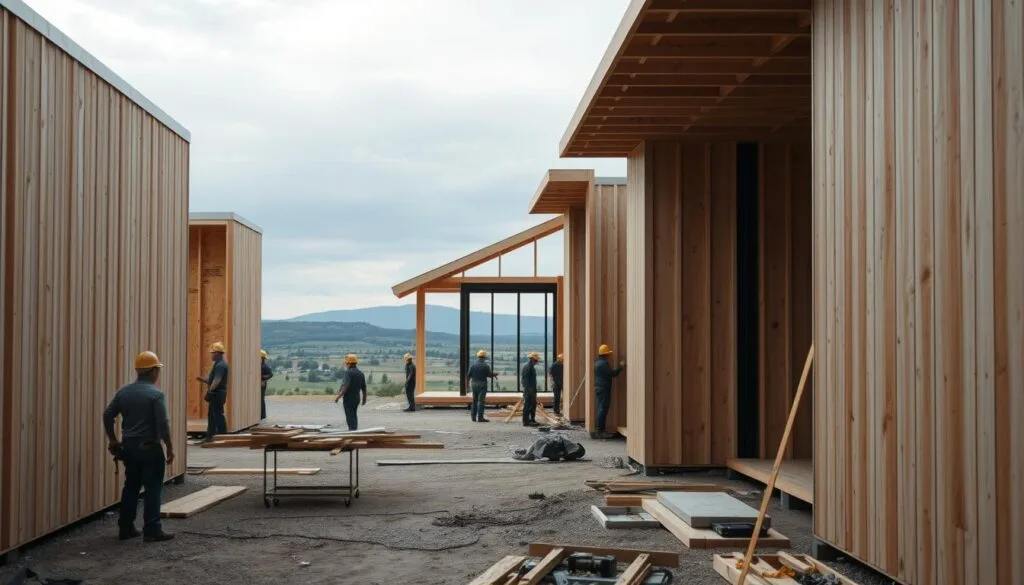 A construction timeline of a modern prefab home, captured in a series of detailed vignettes. In the foreground, workers assemble the modular panels with precision, their movements choreographed like a well-rehearsed dance. The middle ground reveals the steadily rising structure, its clean lines and sleek silhouette a testament to the efficiency of prefab construction. In the background, a picturesque landscape unfolds, hinting at the harmonious integration of the home with its natural surroundings. The lighting is soft and diffused, lending an air of tranquility to the scene. The camera angles capture the process from multiple perspectives, allowing the viewer to fully immerse themselves in the prefab home-building experience.