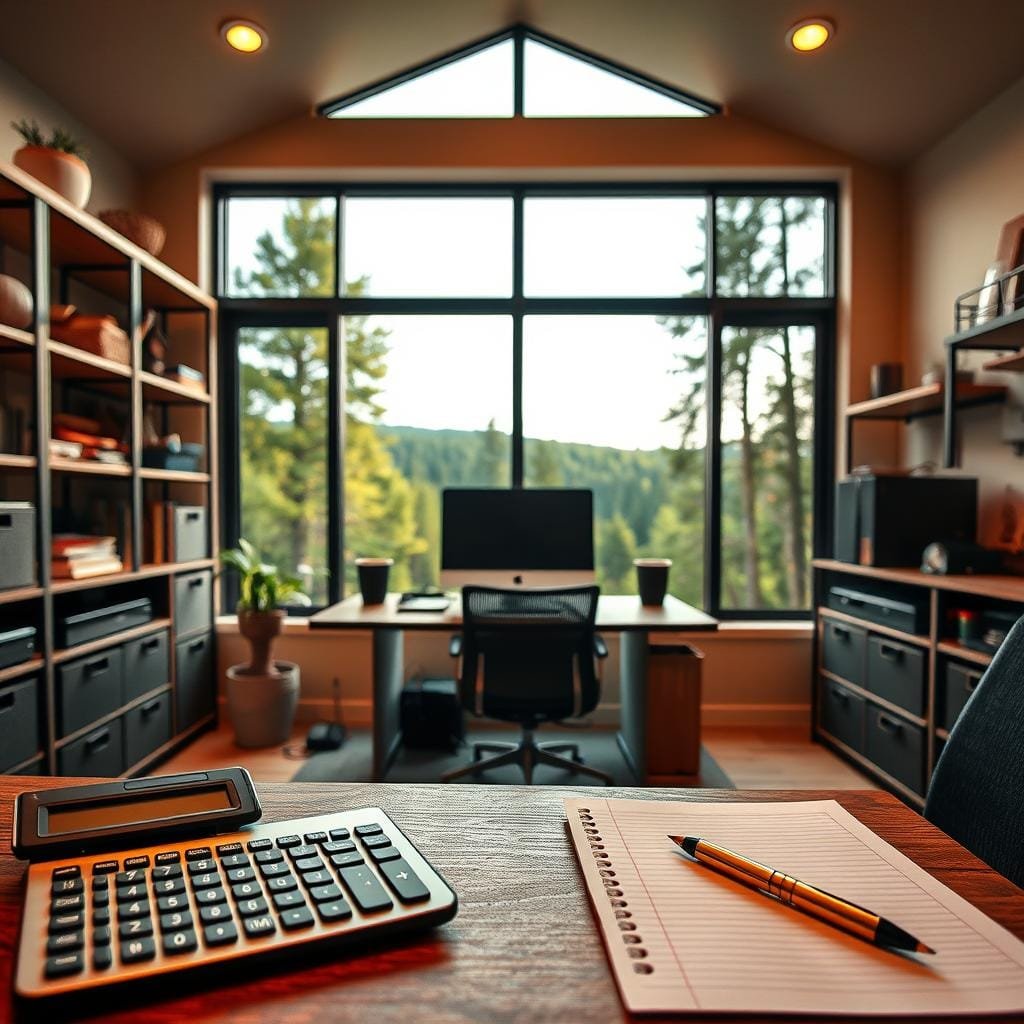 A contemporary home office with a desk and computer, surrounded by shelves and storage solutions. In the foreground, a calculator, notepad, and pen represent cost management, while the background showcases a view of a lush, wooded landscape through large windows, symbolizing the property preparation project. Warm, directional lighting casts a cozy ambiance, and the camera angle is slightly elevated to capture the organized workspace and the scenic vista beyond. The overall mood conveys a sense of efficiency, planning, and connection to nature.