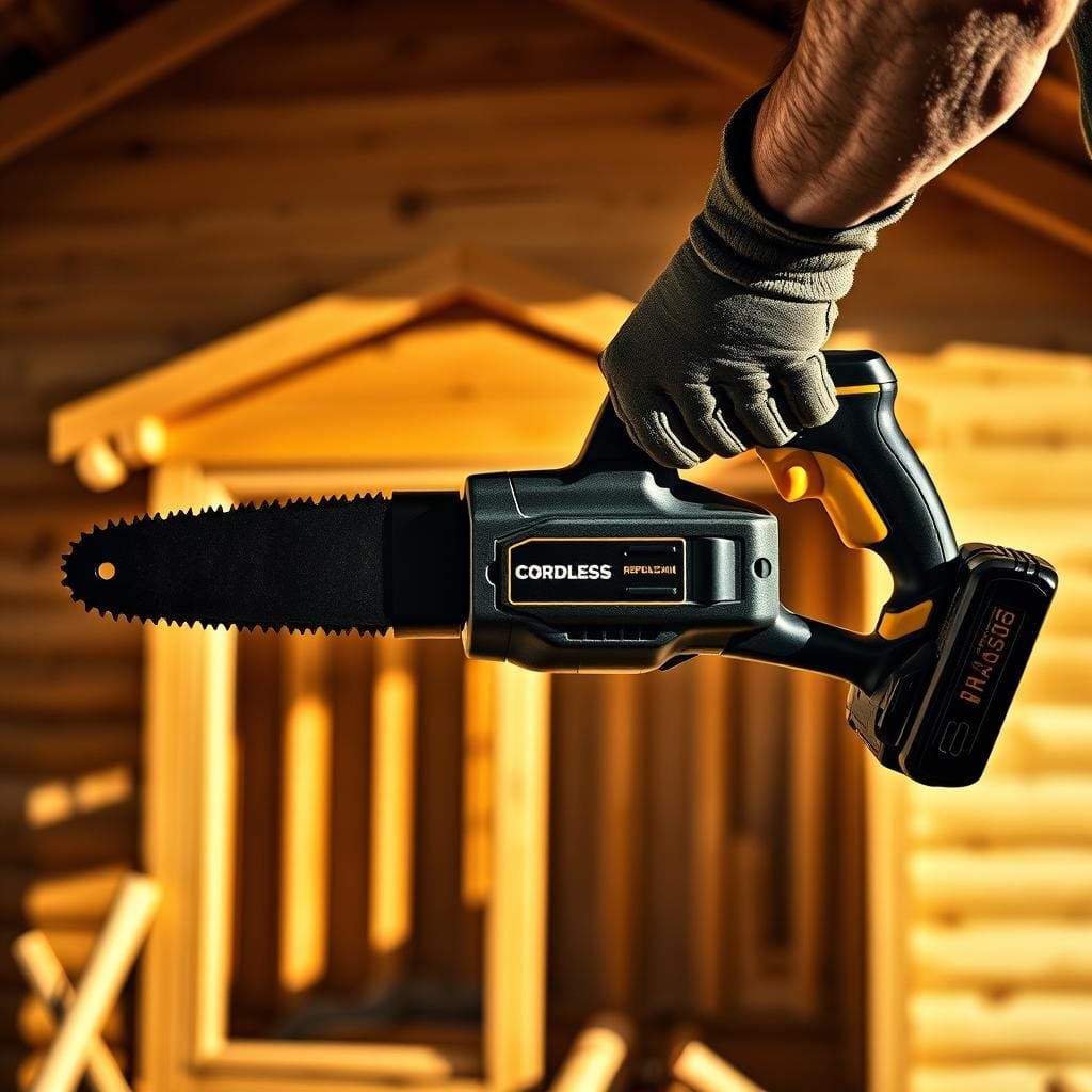 A cordless reciprocating saw wielded by a construction worker, set against a backdrop of a partly-built wooden cabin. The saw's sleek black body and bright yellow trigger grip stands out, its serrated blade poised to slice through stubborn lumber with ease. Warm, directional lighting casts dynamic shadows, accentuating the tool's rugged design and the worker's focused, determined expression. The cabin's unfinished frame occupies the middle ground, hinting at the saw's purpose in the demolition and rough-cutting tasks essential for cabin construction. An atmospheric, cinematic composition that conveys the power and utility of this essential construction tool.