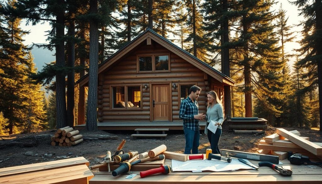 A cozy DIY cabin nestled amidst towering evergreen trees, its rustic log exterior bathed in warm, golden sunlight filtering through the canopy. In the foreground, a stack of freshly hewn timber and an array of carpentry tools - saws, hammers, and chisels - suggesting the process of construction. In the middle ground, a couple reviews building plans spread out on a workbench, heads bent in concentration. The background evokes a serene, forested landscape, with mountains peeking through the distance. An atmosphere of self-reliance, craftsmanship, and harmony with nature pervades the scene.