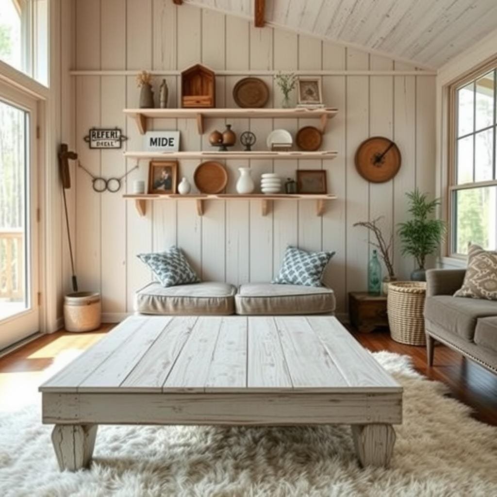 A cozy and rustic cabin interior with a focus on an affordable whitewashing technique. In the foreground, a distressed wooden coffee table with a whitewashed finish sits atop a plush white area rug. Hanging on the middle-ground walls, a collection of whitewashed wooden shelves displaying various cabin-inspired decor items. The background features a large window overlooking a serene forest landscape, allowing natural light to flood the space and create a warm, inviting atmosphere. The overall scene conveys a sense of simple, budget-friendly elegance perfectly suited for a charming cabin retreat.