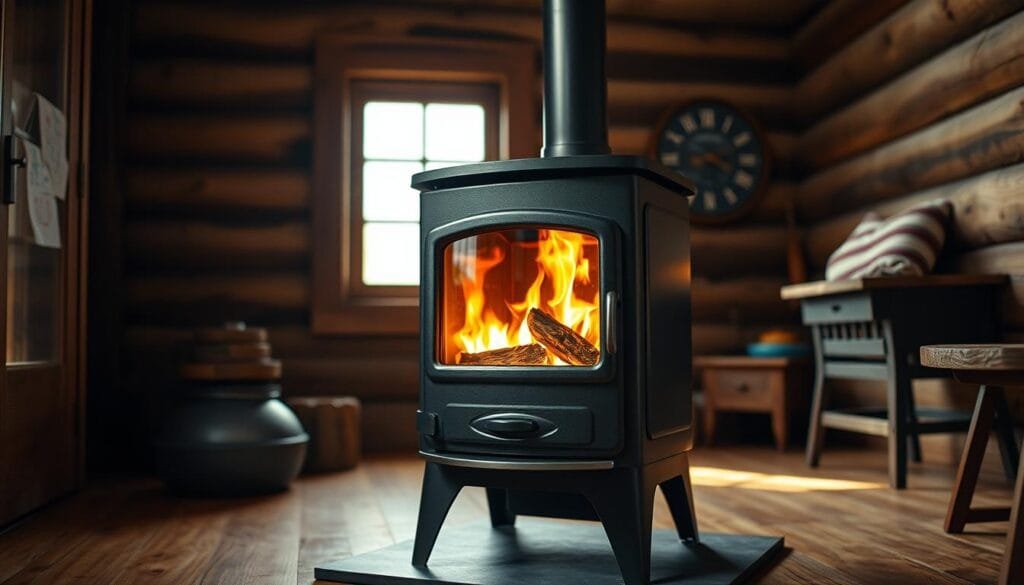 A cozy and rustic wood stove stands prominently in the foreground, its cast-iron exterior gleaming in warm, natural lighting. The Drolet Escape 1800 model features a large viewing window, allowing the captivating flames within to be admired. Positioned in a simple, budget-friendly cabin interior, the stove is surrounded by weathered wooden walls and accented by a few essential furnishings, creating an inviting and atmospheric scene. The overall composition conveys a sense of efficiency, practicality, and comfort, perfectly suited for the needs of a budget-conscious cabin dweller seeking reliable heating.