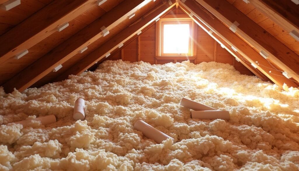 A cozy attic filled with blown-in cellulose insulation, expertly installed to prevent the formation of ice dams. Sunlight streams in through a dormer window, casting a warm glow over the neatly tucked layers of insulation. Carefully placed baffles guide airflow, ensuring even distribution and maximum thermal efficiency. The scene conveys a sense of preparedness, with the insulation acting as a protective barrier against the harsh winter weather outside, ready to safeguard the cabin from the ravages of heavy snow and ice.