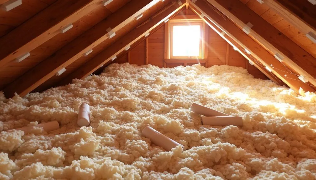 A cozy attic filled with blown-in cellulose insulation, expertly installed to prevent the formation of ice dams. Sunlight streams in through a dormer window, casting a warm glow over the neatly tucked layers of insulation. Carefully placed baffles guide airflow, ensuring even distribution and maximum thermal efficiency. The scene conveys a sense of preparedness, with the insulation acting as a protective barrier against the harsh winter weather outside, ready to safeguard the cabin from the ravages of heavy snow and ice.