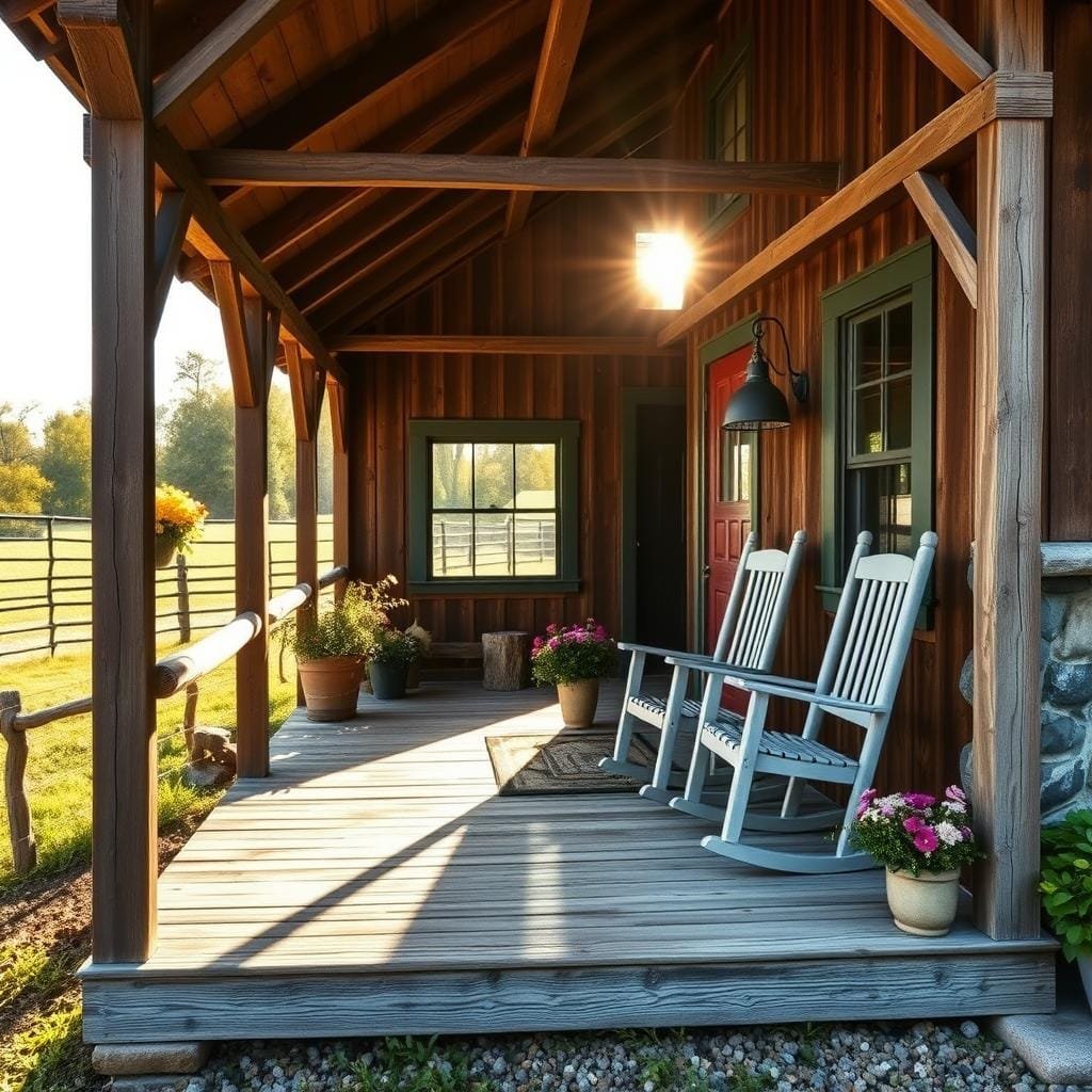 A cozy barndominium tiny home with a charming front porch, nestled in a tranquil rural setting. The porch features weathered wood planks and rustic beams, creating a warm and inviting atmosphere. A pair of rocking chairs beckon visitors to sit and enjoy the peaceful surroundings. Lush greenery and flowers adorn the porch, adding a touch of natural beauty. Sunlight filters through the wooden slats, casting a soft, golden glow over the scene. The home's exterior is a harmonious blend of natural materials, such as wood and stone, blending seamlessly with the pastoral landscape. This serene and picturesque vision captures the essence of the barndominium tiny home lifestyle.