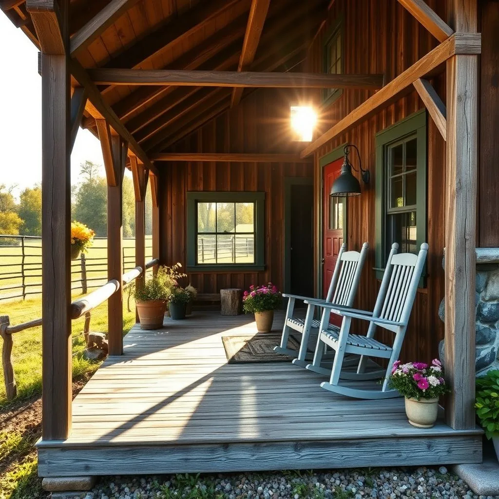 A cozy barndominium tiny home with a charming front porch, nestled in a tranquil rural setting. The porch features weathered wood planks and rustic beams, creating a warm and inviting atmosphere. A pair of rocking chairs beckon visitors to sit and enjoy the peaceful surroundings. Lush greenery and flowers adorn the porch, adding a touch of natural beauty. Sunlight filters through the wooden slats, casting a soft, golden glow over the scene. The home's exterior is a harmonious blend of natural materials, such as wood and stone, blending seamlessly with the pastoral landscape. This serene and picturesque vision captures the essence of the barndominium tiny home lifestyle.