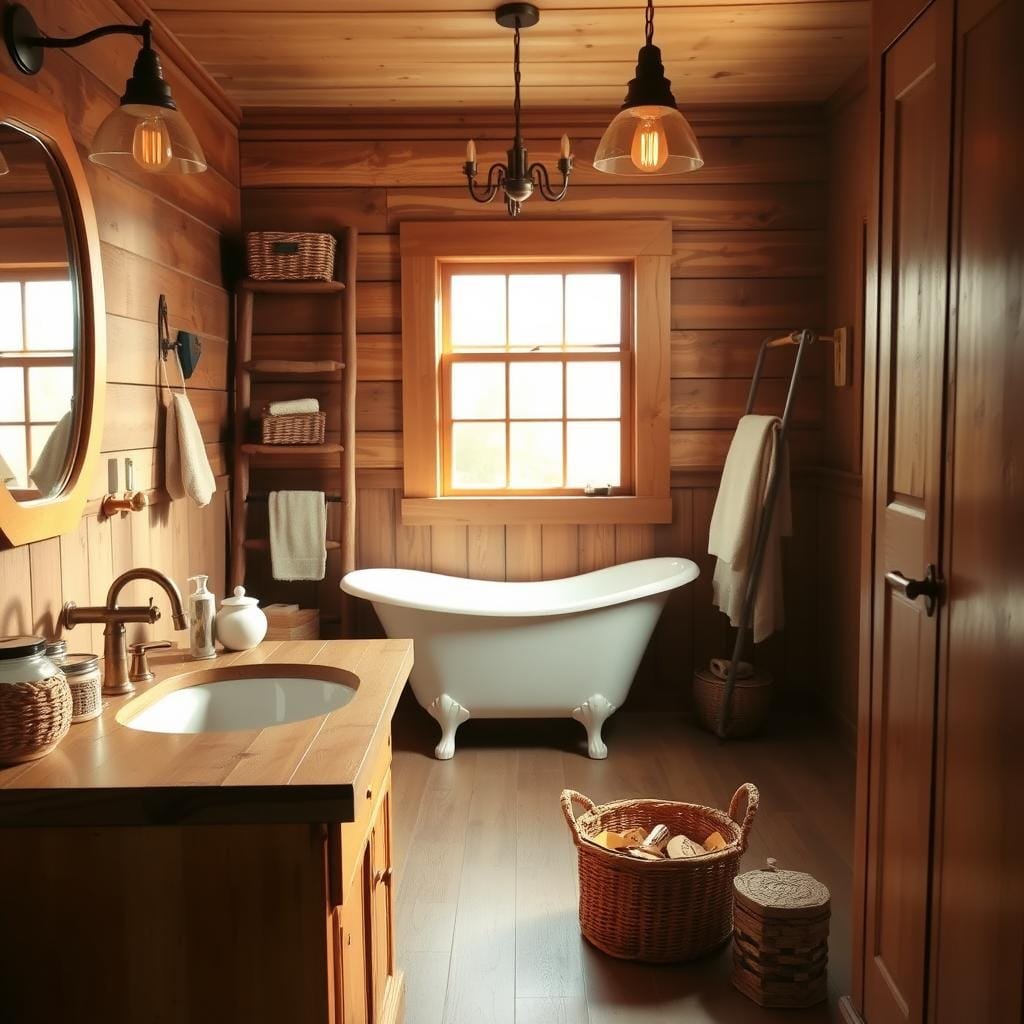 A cozy bathroom utility area with a rustic, inviting atmosphere. In the foreground, a wooden vanity with a farmhouse-style sink and brass fixtures, complemented by woven baskets and jars for storage. The middle ground features a claw-foot tub positioned beneath a large window, allowing natural light to pour in and create a warm, relaxing ambiance. In the background, a rustic wooden ladder serves as a towel rack, and a vintage-inspired light fixture casts a soft, golden glow across the space. The overall design blends modern and traditional elements, evoking a sense of comfort and homeliness.