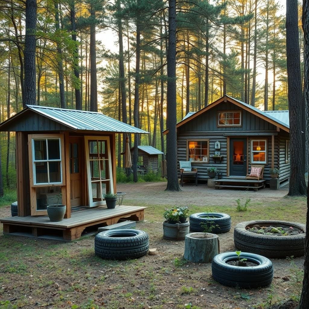 A cozy budget cabin nestled in a lush forest clearing, crafted from upcycled materials. In the foreground, a rustic porch with repurposed wooden pallets, salvaged window frames, and a quirky tin roof. The middle ground showcases an outdoor seating area made from reclaimed tires and tree stumps, surrounded by a mix of potted plants and garden beds. In the background, a charming cabin facade features a mix of reclaimed wood, corrugated metal, and repurposed windows, blending seamlessly with the natural landscape. Warm, natural lighting filters through the trees, casting a golden glow and creating a welcoming, off-the-grid ambiance.