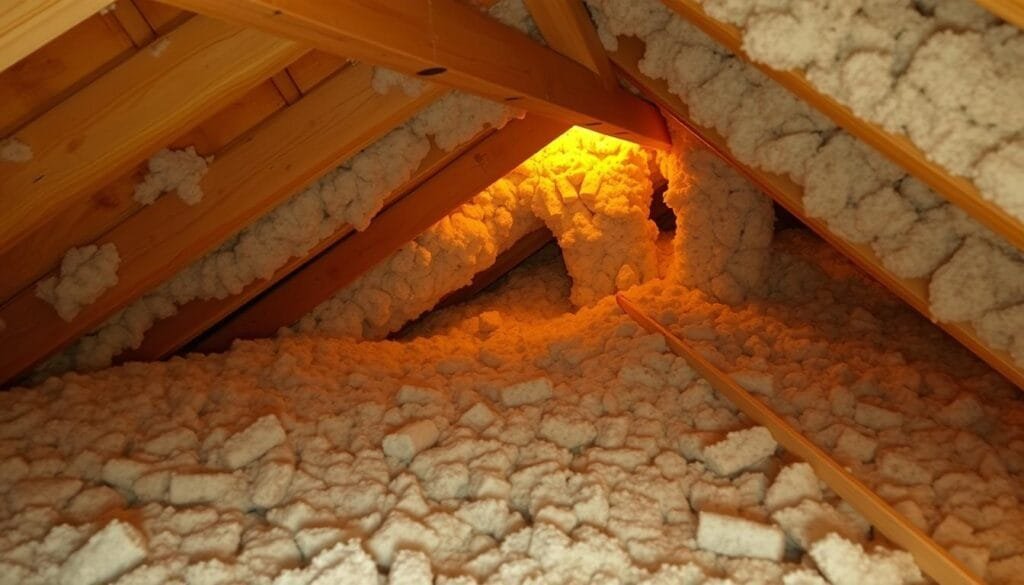 A cozy cabin attic with warm, indirect lighting illuminating the application of blown-in cellulose insulation. The insulation, a soft, fluffy texture in shades of warm gray, is carefully being installed between the wooden beams, filling the empty spaces and providing efficient thermal and acoustic insulation. The overall scene conveys a sense of diligence and attention to detail, reflecting the care and importance of proper insulation in creating a comfortable and energy-efficient living environment within the cabin.