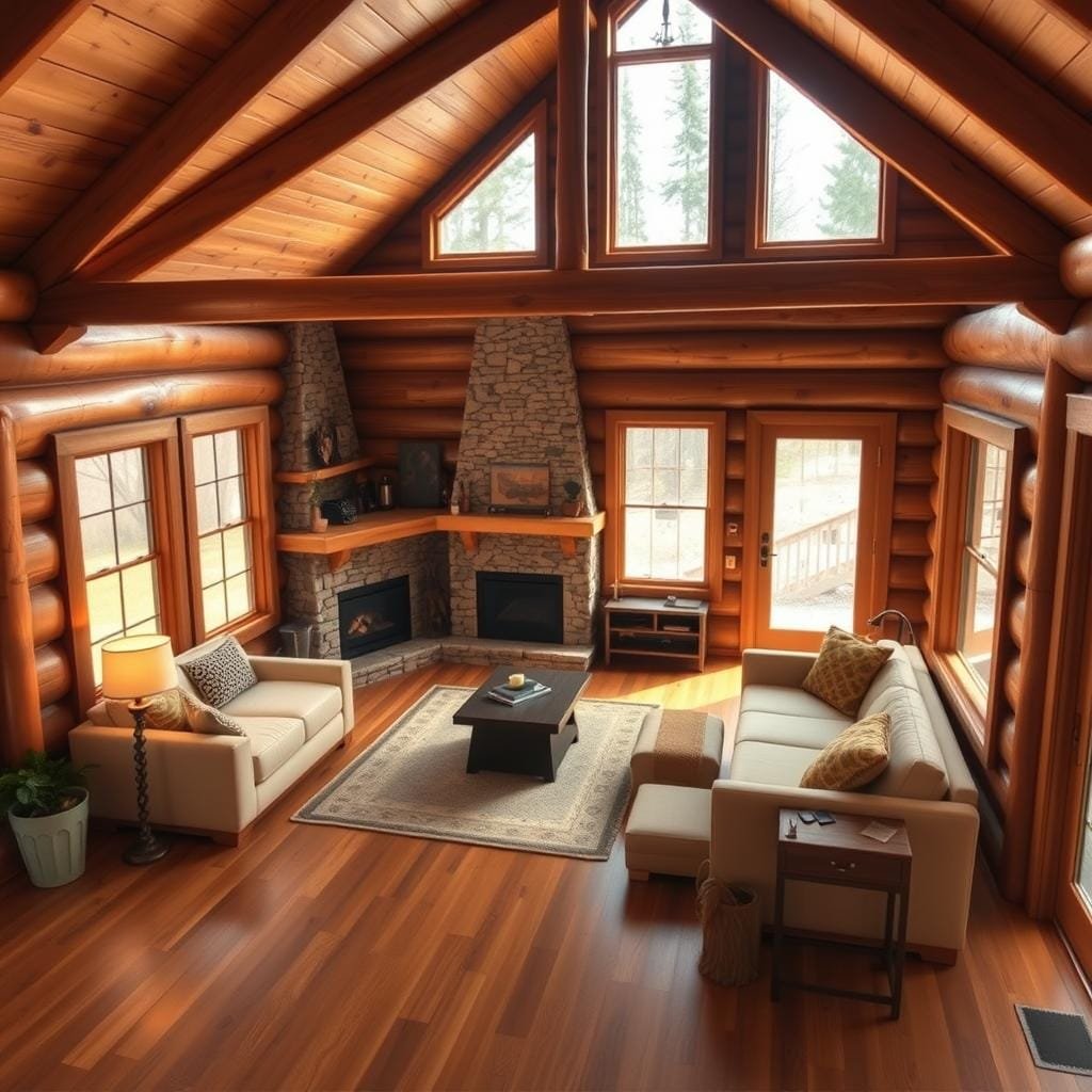 A cozy cabin floor plan with a functional and inviting layout. A warm, rustic design featuring a central living area with a stone fireplace, surrounded by a kitchen, bedroom, and bathroom. Wooden beams and paneling create a charming, natural ambiance. Large windows flood the space with soft, natural lighting, blending the indoor and outdoor spaces. The plan showcases efficient use of space, with thoughtful placement of furniture and storage solutions. A comfortable, well-designed cabin retreat, perfect for a peaceful, off-grid getaway.