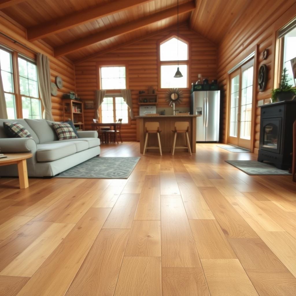 A cozy cabin interior with a focus on practical, budget-friendly flooring options. Warm-toned wood planks cover the floor, creating a rustic and inviting atmosphere. The flooring extends seamlessly from the living area into an open kitchen, showcasing its durability and cohesive design. Soft, natural lighting filters in through large windows, highlighting the textured surfaces and highlighting the cost-effective yet stylish finishes. The overall scene conveys a sense of comfort and practicality, suitable for a cabin that experiences heavy foot traffic.