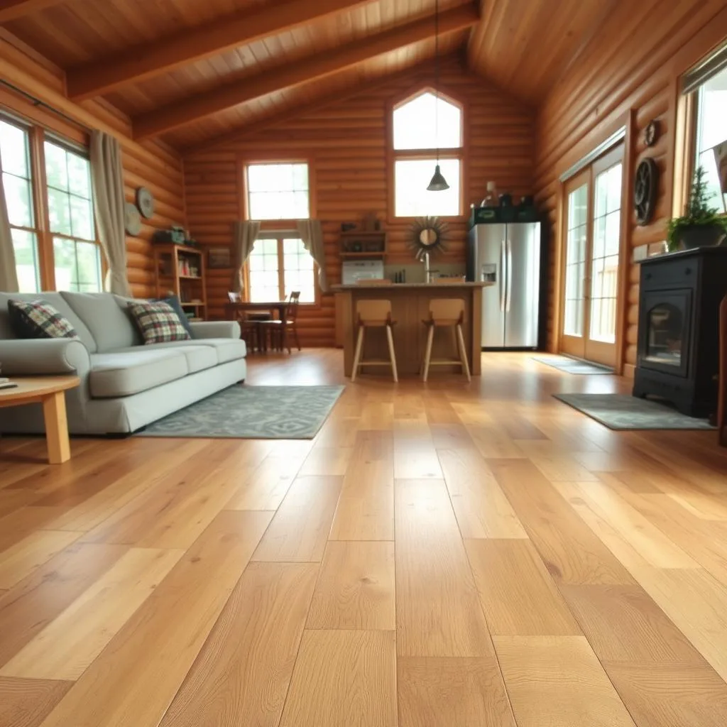 A cozy cabin interior with a focus on practical, budget-friendly flooring options. Warm-toned wood planks cover the floor, creating a rustic and inviting atmosphere. The flooring extends seamlessly from the living area into an open kitchen, showcasing its durability and cohesive design. Soft, natural lighting filters in through large windows, highlighting the textured surfaces and highlighting the cost-effective yet stylish finishes. The overall scene conveys a sense of comfort and practicality, suitable for a cabin that experiences heavy foot traffic. A cozy cabin interior with a focus on practical, budget-friendly flooring options. Warm-toned wood planks cover the floor, creating a rustic and inviting atmosphere. The flooring extends seamlessly from the living area into an open kitchen, showcasing its durability and cohesive design. Soft, natural lighting filters in through large windows, highlighting the textured surfaces and highlighting the cost-effective yet stylish finishes. The overall scene conveys a sense of comfort and practicality, suitable for a cabin that experiences heavy foot traffic.