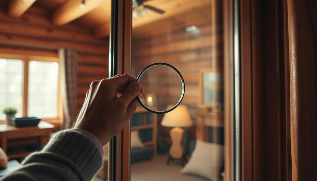 A cozy cabin interior with a large window in the foreground. The window is being inspected closely, with a person's hands using a magnifying glass to carefully examine the seals and cracks around the frame. Warm, diffused lighting filters in, casting a gentle glow on the scene. The background is slightly blurred, revealing the rustic wood paneling and furniture, conveying a sense of a welcoming, homely atmosphere. The overall mood is one of focused attention and attention to detail, as the occupant diligently assesses their cabin's windows for any potential air leaks or drafts before undertaking insulation upgrades.