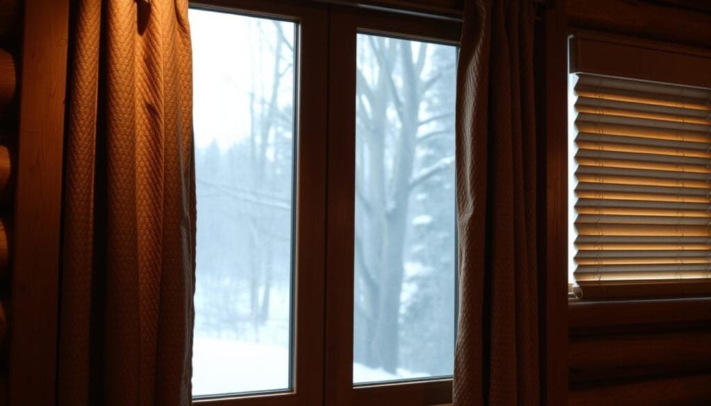 A cozy cabin interior with a large window, partially obscured by thick, insulating thermal curtains. The curtains have a textured, quilted pattern and a warm, earthy tone that blends seamlessly with the rustic wooden frames and sills. Soft, diffused lighting filters through the curtains, casting a gentle glow on the surrounding scene. The window is flanked by neatly arranged cellular shades, their honeycomb-like structure providing an additional layer of insulation. The overall atmosphere is one of coziness, comfort, and efficiency, perfectly suited for the task of minimizing heat loss in a cabin environment.