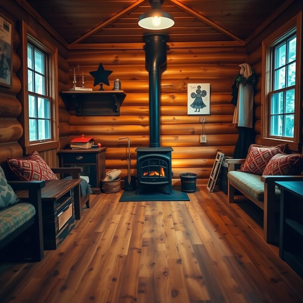 A cozy cabin interior, with a well-planned wood stove installation at the center. The wooden floor is the focal point, featuring intricate patterns and textures, with a mix of traditional and modern elements. Soft lighting casts a warm glow, accentuating the natural beauty of the wood. The layout is thoughtfully designed, with designated spaces for seating, storage, and the wood stove itself. Attention to detail is paramount, showcasing the homeowner's DIY expertise and commitment to safety. The overall atmosphere is inviting, evoking a sense of comfort and relaxation in the rustic retreat. A cozy cabin interior, with a well-planned wood stove installation at the center. The wooden floor is the focal point, featuring intricate patterns and textures, with a mix of traditional and modern elements. Soft lighting casts a warm glow, accentuating the natural beauty of the wood. The layout is thoughtfully designed, with designated spaces for seating, storage, and the wood stove itself. Attention to detail is paramount, showcasing the homeowner's DIY expertise and commitment to safety. The overall atmosphere is inviting, evoking a sense of comfort and relaxation in the rustic retreat.