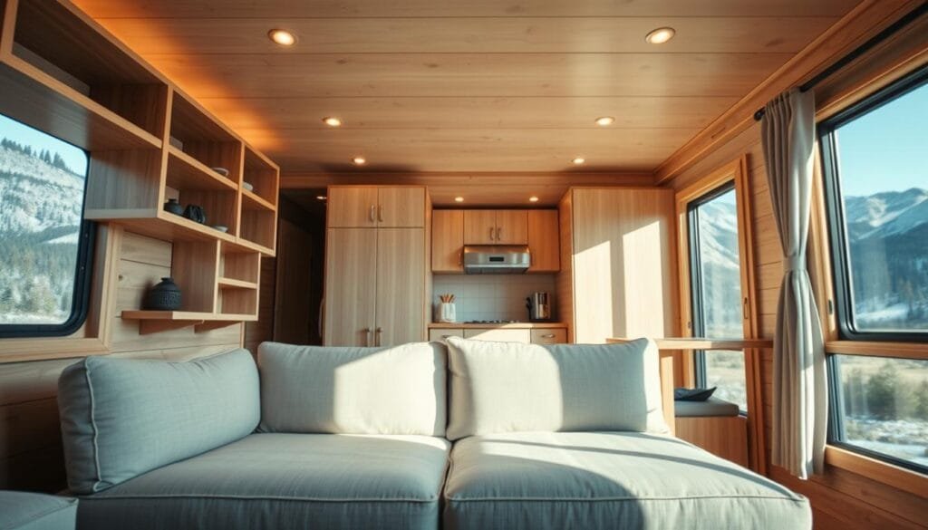 A cozy cabin interior, with an efficient layout showcasing clever space-saving solutions. In the foreground, a convertible sofa-bed takes center stage, its clean lines and neutral tones blending seamlessly. Overhead, a series of modular shelves and cabinets provide ample storage without crowding the room. Soft, indirect lighting casts a warm glow, complemented by natural wood accents. In the background, a compact kitchen with minimalist appliances and a fold-down table maximizes every inch. Large windows offer picturesque views, creating an illusion of expanded space. The scene conveys a sense of tranquility and thoughtful design, inspiring ideas for maximizing cabin comfort and functionality.