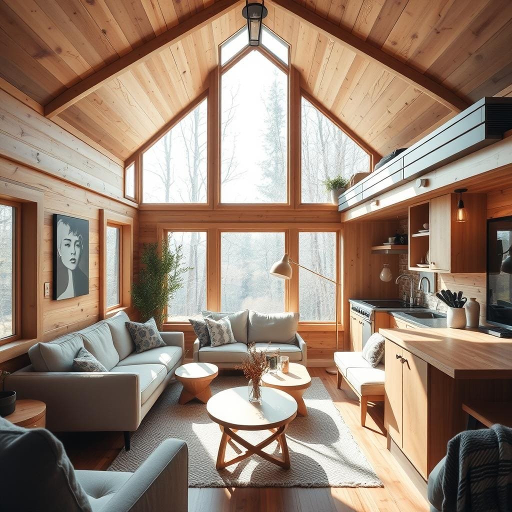 A cozy cabin interior, with an open-concept layout that maximizes functional living areas. Sunlight streams through large windows, illuminating a central living space with plush seating and a minimalist design aesthetic. Built-in storage solutions and a space-saving kitchen seamlessly integrate into the design, creating a harmonious flow. Warm wood tones and natural textures evoke a sense of rustic charm, while clean lines and efficient use of space convey a modern sensibility. The cabin's layout is optimized for comfortable everyday living, with carefully considered furniture placement and zoned areas for relaxation, dining, and work.