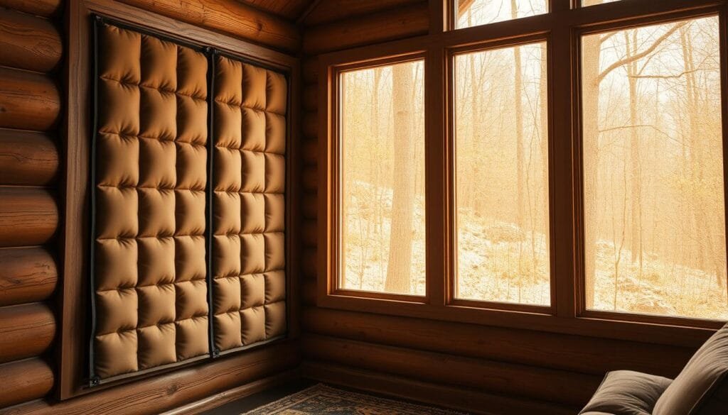 A cozy cabin interior with large windows covered in quilted window insulation panels. The panels are made of thick, padded fabric in muted earth tones, secured to the windows with sleek magnetic strips. Warm, diffused light filters through the insulation, casting a soft, inviting glow throughout the space. The cabin's rustic wood elements and natural textures create a harmonious, well-insulated atmosphere perfect for weathering the winter chill. A wide-angle lens captures the scene, showcasing the effective, aesthetically pleasing insulation solution.