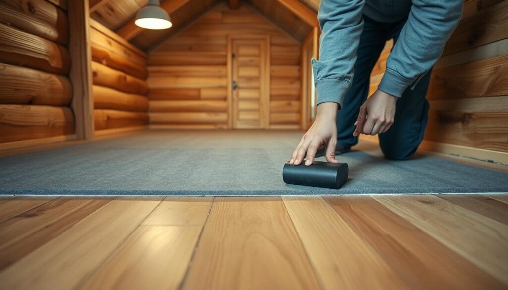 A cozy cabin interior, with natural hardwood flooring. In the foreground, a worker carefully installs a layer of high-density foam underlayment, meticulously smoothing and aligning the edges. The underlayment's muted gray hue contrasts beautifully with the warm wood tones. In the middle ground, the worker's hands deftly secure the underlayment using a rubber mallet, ensuring a seamless, cushioned surface. Soft, diffused lighting from overhead fixtures casts a gentle glow, creating a serene, inviting atmosphere. The background reveals clean, uncluttered walls, hinting at the quiet haven the cabin will become once the soundproofing is complete.