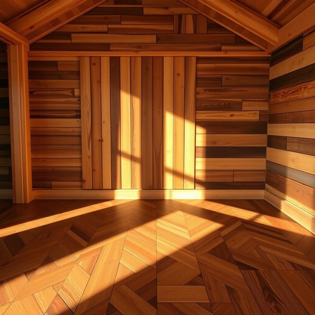A cozy cabin interior with rustic wood paneling techniques. In the foreground, intricate patterns of reclaimed wood boards are arranged in a herringbone pattern, casting warm shadows across the space. In the middle ground, wooden slats are vertically installed, their natural grains and knots creating a textured backdrop. The background features a mix of horizontal and diagonal wood panels, their varied tones and weathered appearances adding depth and character to the scene. Soft, indirect lighting casts a golden glow, highlighting the rich hues and organic details of the wood. The overall atmosphere is one of natural elegance and inviting comfort, perfect for a mountain retreat.